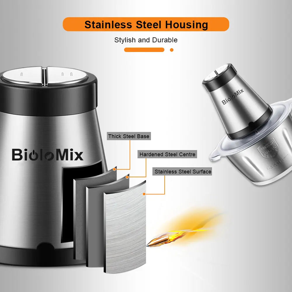 BioloMix 500W Electric Meat Grinder & Food Chopper – 2L Stainless Steel, 2 Speeds, Slicer | 110V / 220V