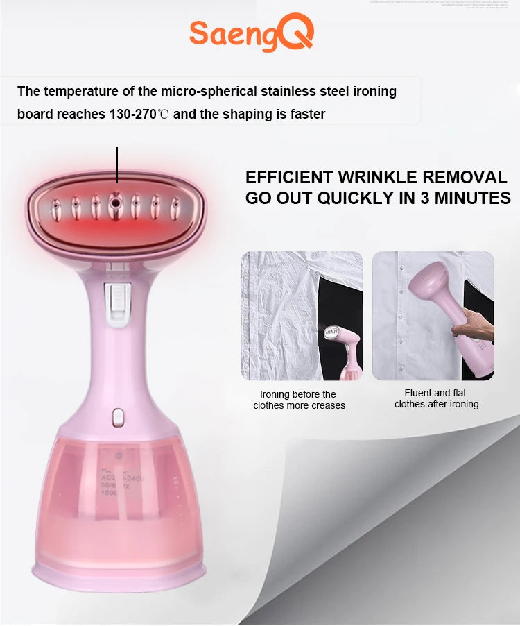saengQ 1500W Handheld Garment Steamer | Portable Travel Steam Iron | 280ml | Fast Heat | EU Plug | Blue / Violet / Pink
