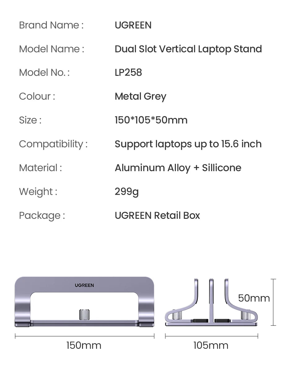UGREEN Vertical Laptop Stand – Aluminum, Foldable, 1/2/3 Slots for MacBook Air, Pro & Tablets