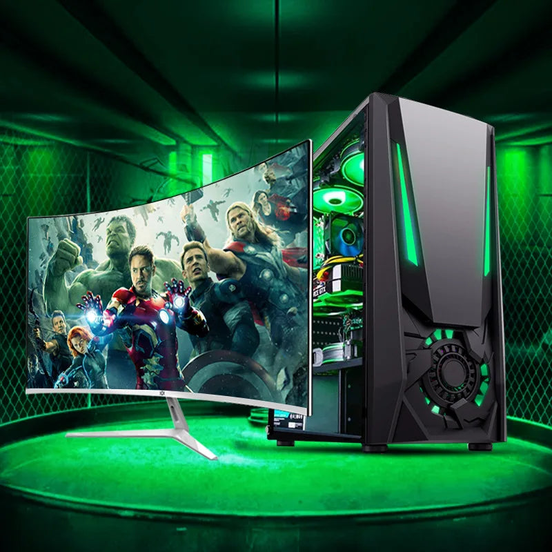 A sleek gaming desktop computer with RGB lighting, featuring RTX 3060, Intel Xeon E5-2680v3, and 32GB RAM, by R.E.D. Shopping