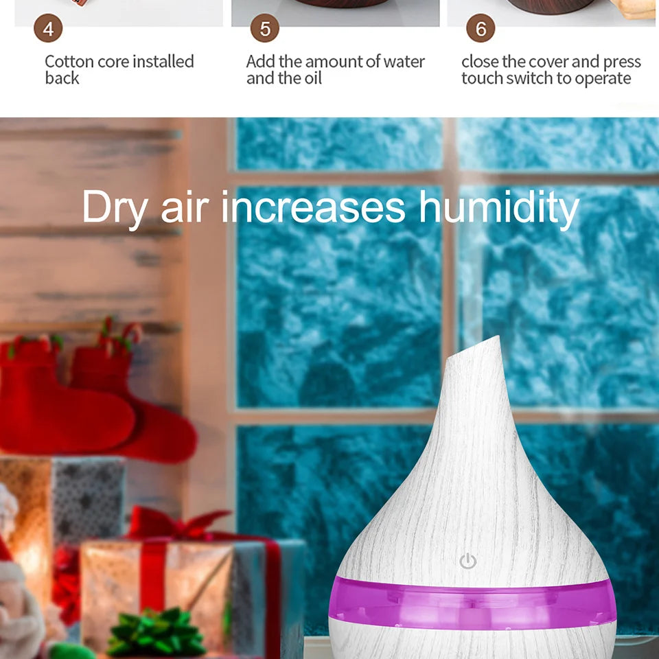300ml Wood Grain Ultrasonic Humidifier & Aroma Diffuser – USB, 7-Color LED, Silent