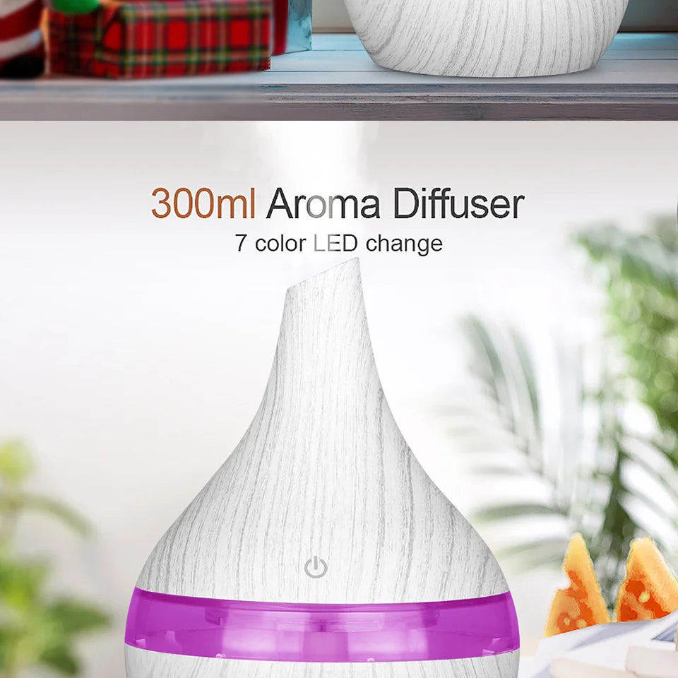 300ml Wood Grain Ultrasonic Humidifier & Aroma Diffuser – USB, 7-Color LED, Silent