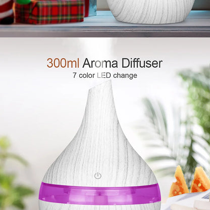 300ml Wood Grain Ultrasonic Humidifier & Aroma Diffuser – USB, 7-Color LED, Silent