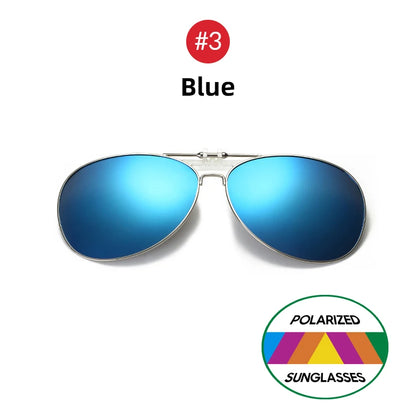 VIVIBEE oversized pilot flip-up clip-on sunglasses with polarized lenses, black frame, worn on a person's face.