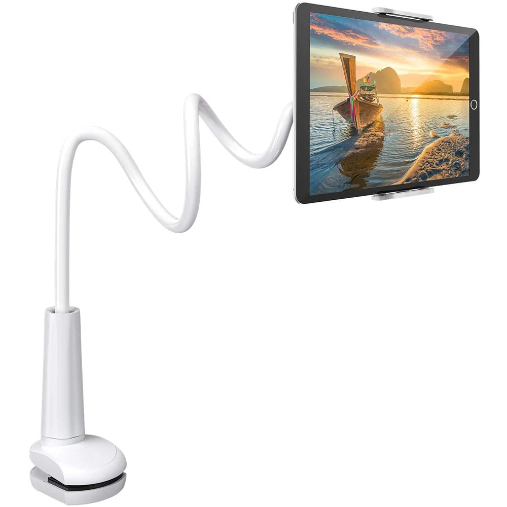 Flexible tablet arm stand holder for iPad, Xiaomi, and Kindle, mounted on a wall or bed for easy device access.