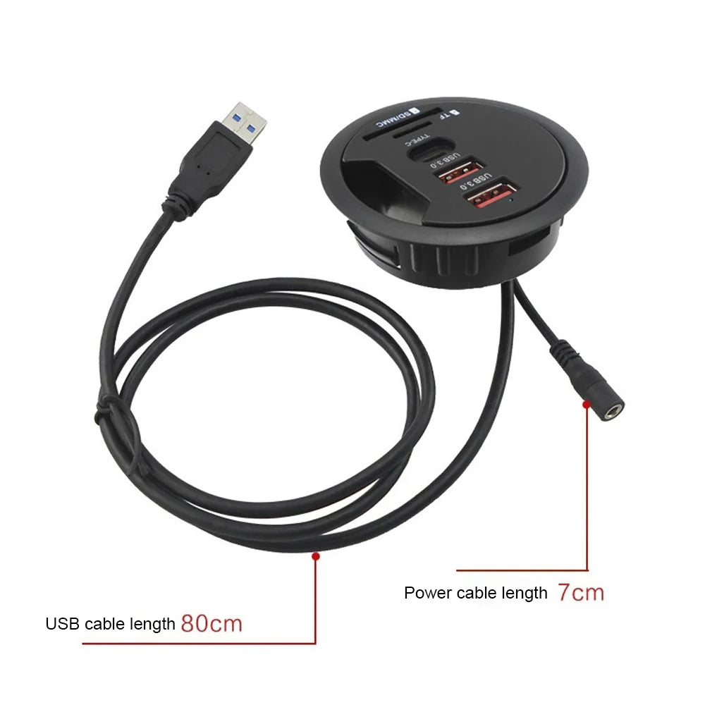 OllyMurs USB 3.0 Desk Hub – 5-in-1, SD/TF, Type-C, 80cm Cable, Desktop Mount