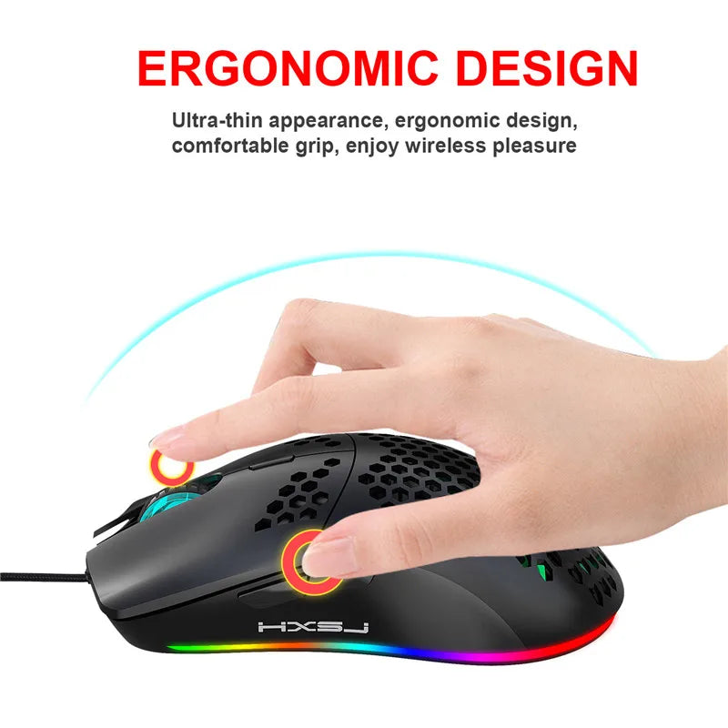 Wireless gaming mouse with RGB lighting, 6400 DPI, honeycomb design, white and black options, featuring macro programming for computers.