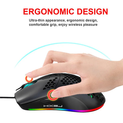 Wireless gaming mouse with RGB lighting, 6400 DPI, honeycomb design, white and black options, featuring macro programming for computers.