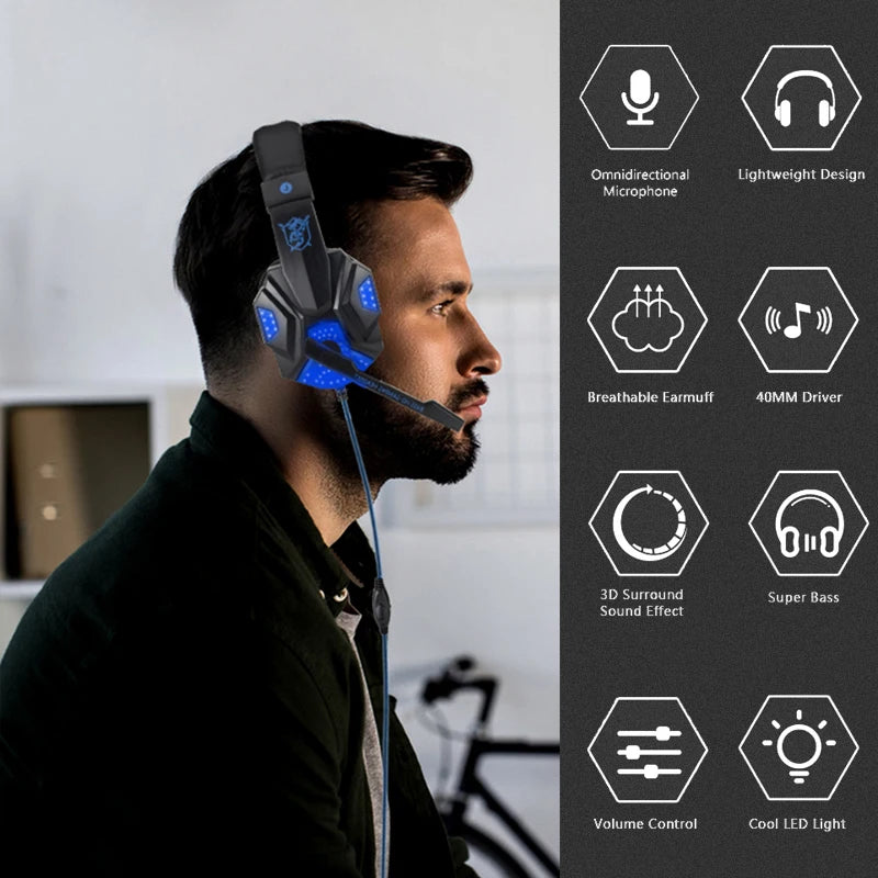 LED Gaming Headset with Microphone – Wired, Bass Stereo for PC, PS4, PS5 & Xbox