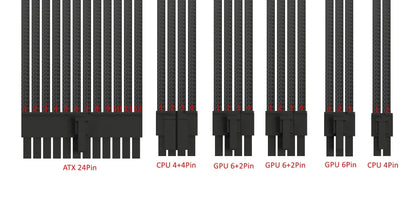 ATX Power Extension Cable Kit – 180° Sleeved, 24-Pin, CPU 4+4 Pin, GPU 6+2 Pin, 30cm, Custom Color