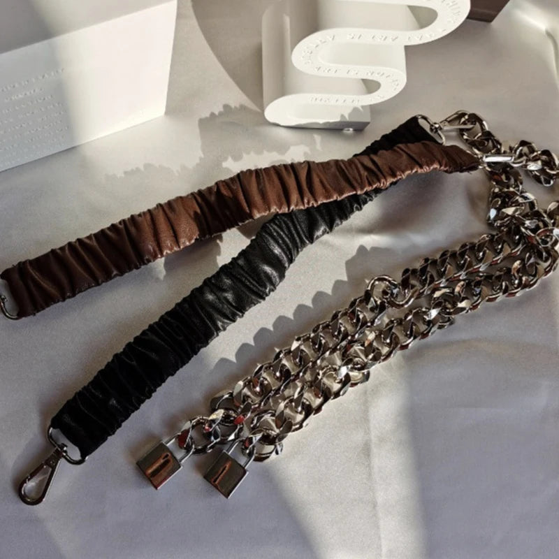 Women's elastic leather silver chain belt by R.E.D. Shopping, featuring a stretch corset waistband with metallic chain detail.