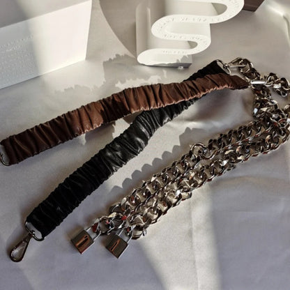 Women's elastic leather silver chain belt by R.E.D. Shopping, featuring a stretch corset waistband with metallic chain detail.