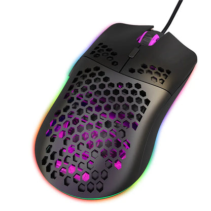 Lightweight R.E.D. Shopping gaming mouse with RGB lighting, 6400 DPI, honeycomb hollow design, wired USB connection, black or white
