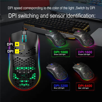 White and black lightweight R.E.D. Shopping gaming mouse with RGB lighting, honeycomb design, 6400 DPI, wired, macro programming.
