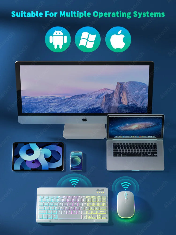 Wireless Bluetooth Keyboard with Rainbow Backlit – Tablet, iPad, Phone, Android, iOS, Windows