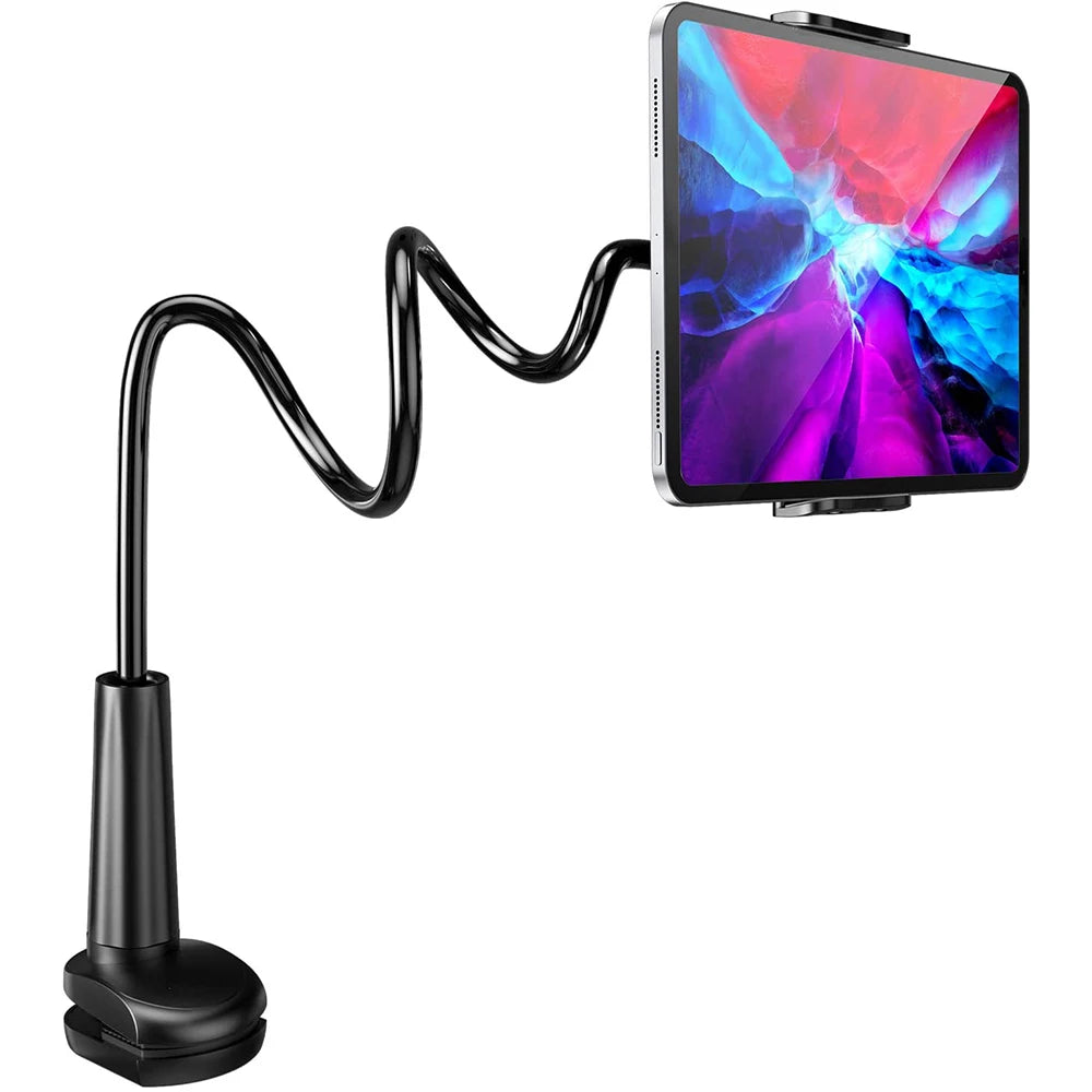 Flexible R.E.D. Shopping tablet arm stand holder mounted on bed, wall, or tripod for iPad, Xiaomi, and Kindle tablets.