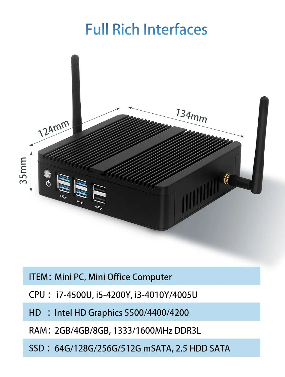 BEBEPC Fanless Mini PC – Intel i7/i5/i3, 8USB, HDMI+VGA, Win10/11 & Linux