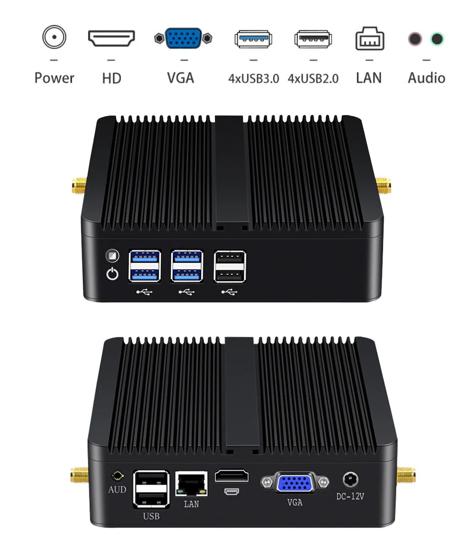 BEBEPC Fanless Mini PC – Intel i7/i5/i3, 8USB, HDMI+VGA, Win10/11 & Linux