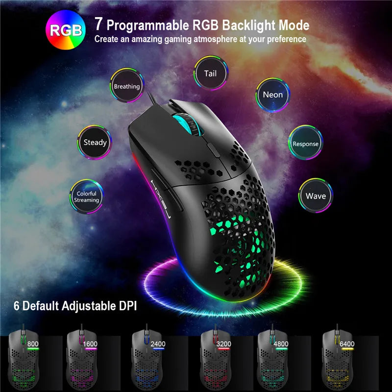 White and black lightweight R.E.D. Shopping gaming mouse with honeycomb hollow design, RGB lighting, 6400 DPI, wired, with macro programming