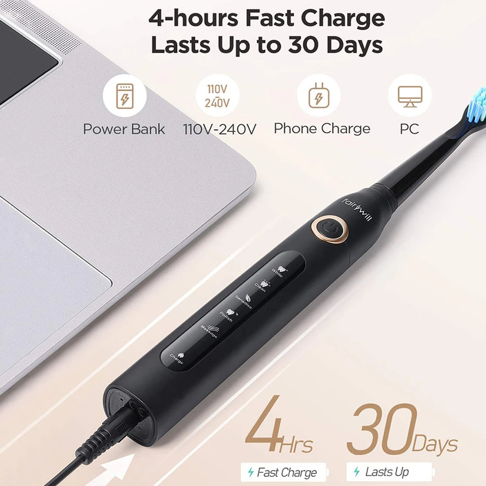 Fairywill FW-D7 Electric Sonic Toothbrush | USB Rechargeable, Waterproof, 8 Replacement Heads