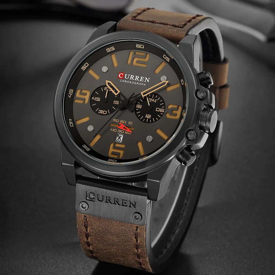 CURREN Men's Luxury Sport Chronograph Watch – Waterproof, Military, Genuine Leather, Quartz