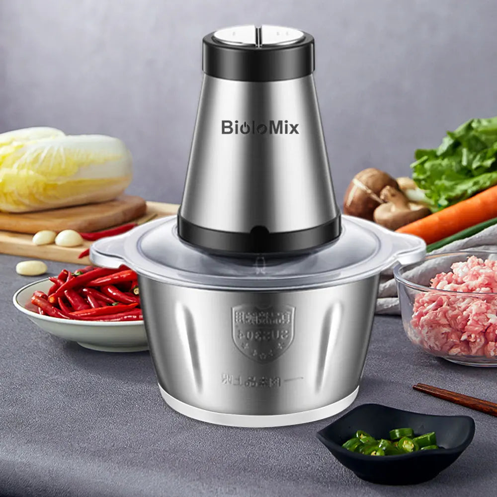 BioloMix 500W Electric Meat Grinder & Food Chopper – 2L Stainless Steel, 2 Speeds, Slicer | 110V / 220V