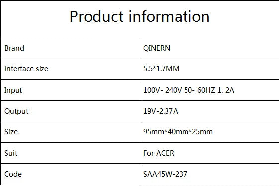 Acer Laptop Charger 45W – 19V 2.37A, 5.5x1.7mm, for Aspire 3 A314/A515, E5-573 Series