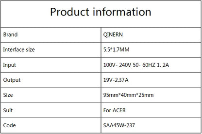 Acer Laptop Charger 45W – 19V 2.37A, 5.5x1.7mm, for Aspire 3 A314/A515, E5-573 Series