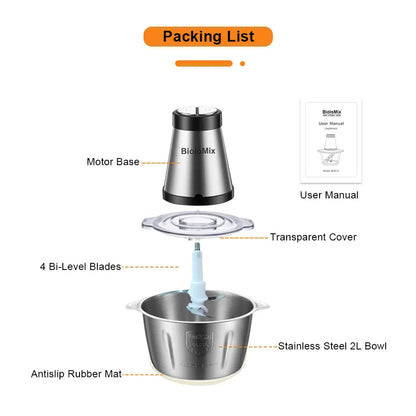 BioloMix 500W Electric Meat Grinder & Food Chopper – 2L Stainless Steel, 2 Speeds, Slicer | 110V / 220V