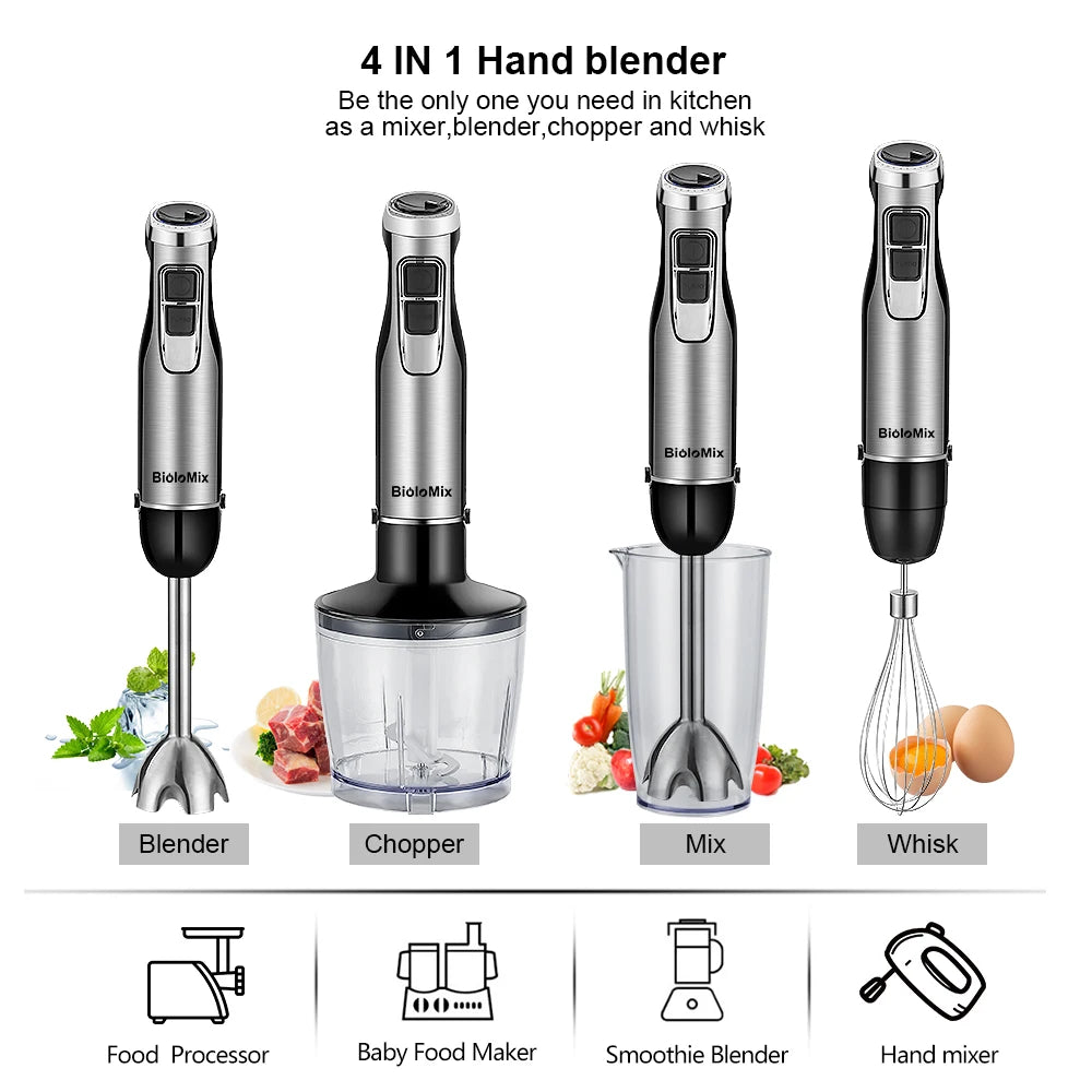 BioloMix 4-in-1 Immersion Hand Blender 1200W – Chopper & Smoothie Cup