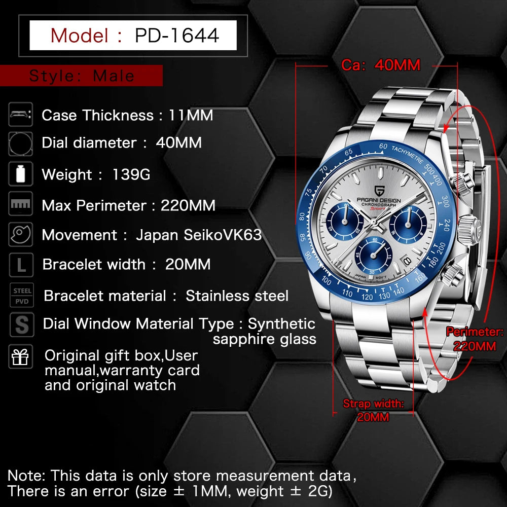 PAGANI DESIGN PD1644 Men's Quartz Chronograph Watch – Sapphire Crystal, 100M Water Resistant