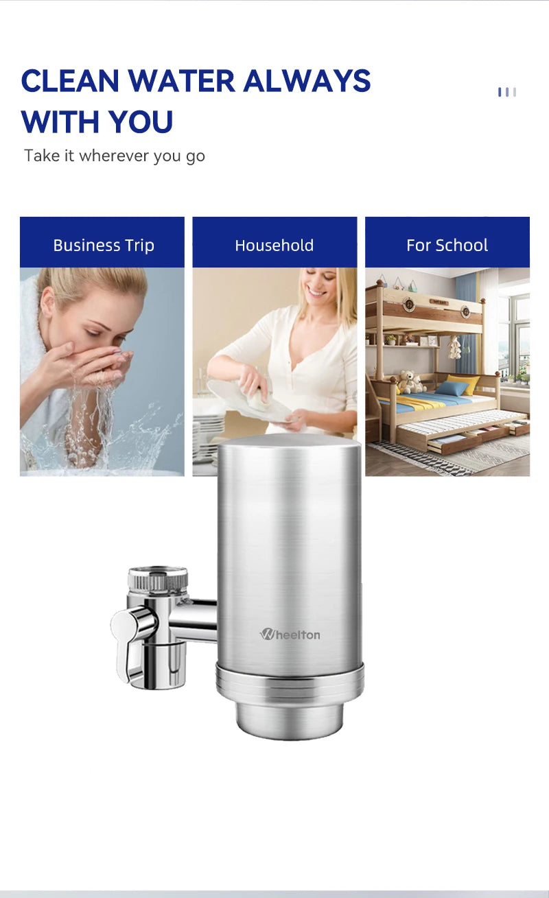 Wheelton Stainless Steel Faucet Water Filter – Activated Carbon Ceramic Purifier