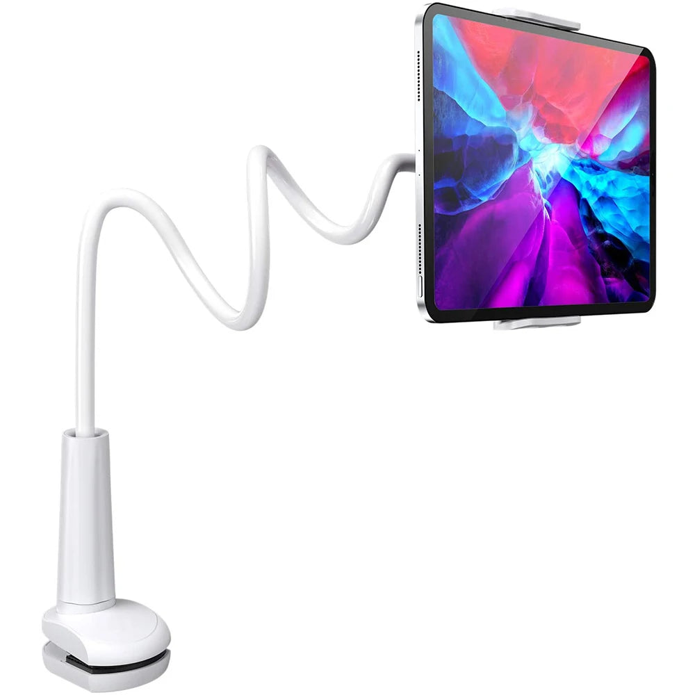 Flexible tablet arm stand holder mounted on bed, wall, or tripod for iPad, Xiaomi, and Kindle tablets, with adjustable positioning.