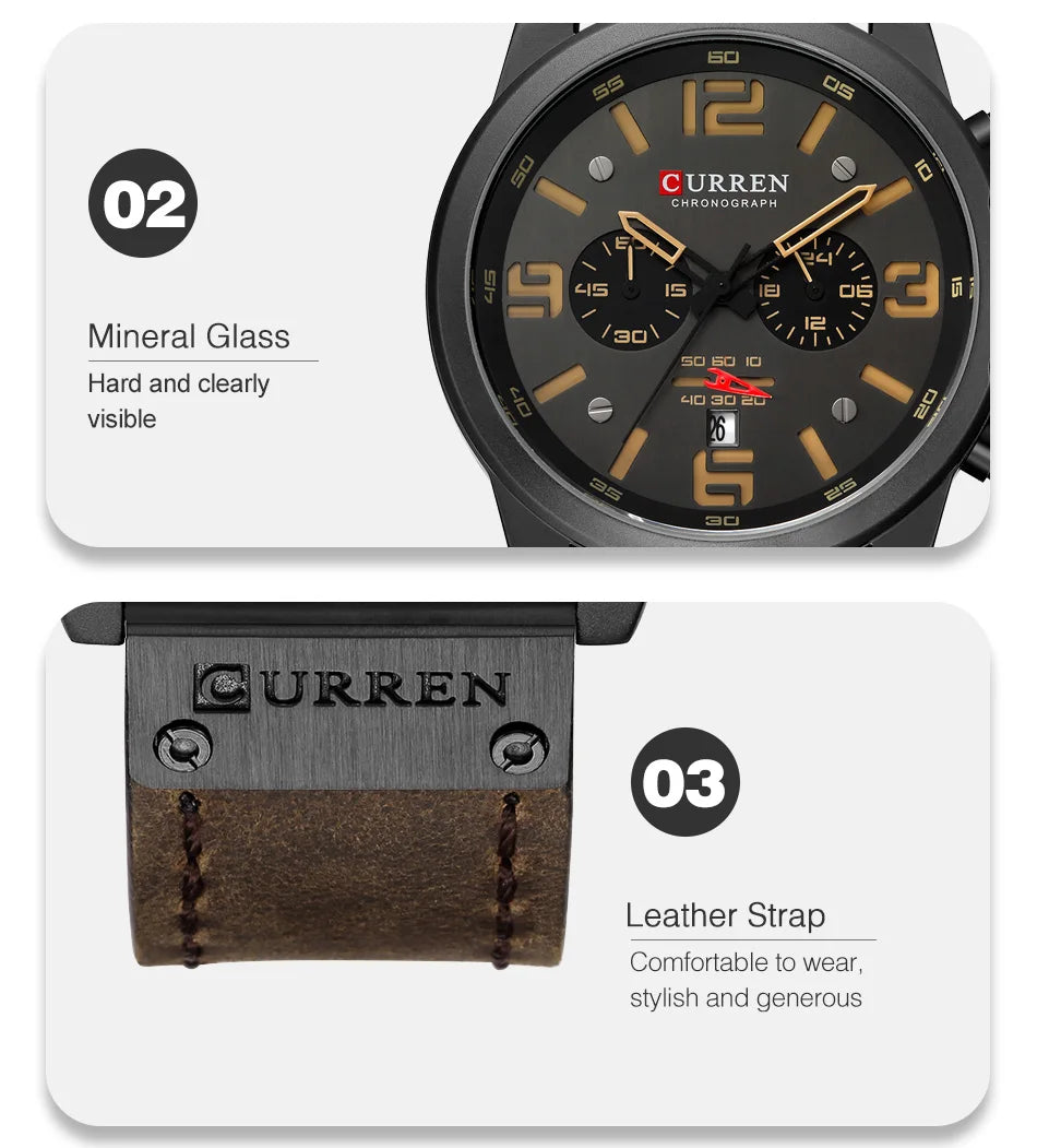 CURREN Men's Luxury Sport Chronograph Watch – Waterproof, Military, Genuine Leather, Quartz