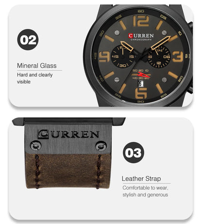 CURREN Men's Luxury Sport Chronograph Watch – Waterproof, Military, Genuine Leather, Quartz