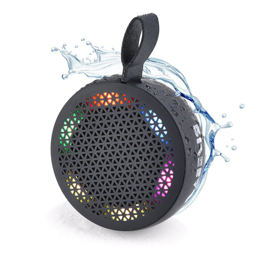 R.E.D. Shopping Bluetooth speaker in black with control buttons and speaker grille, portable electronic audio device