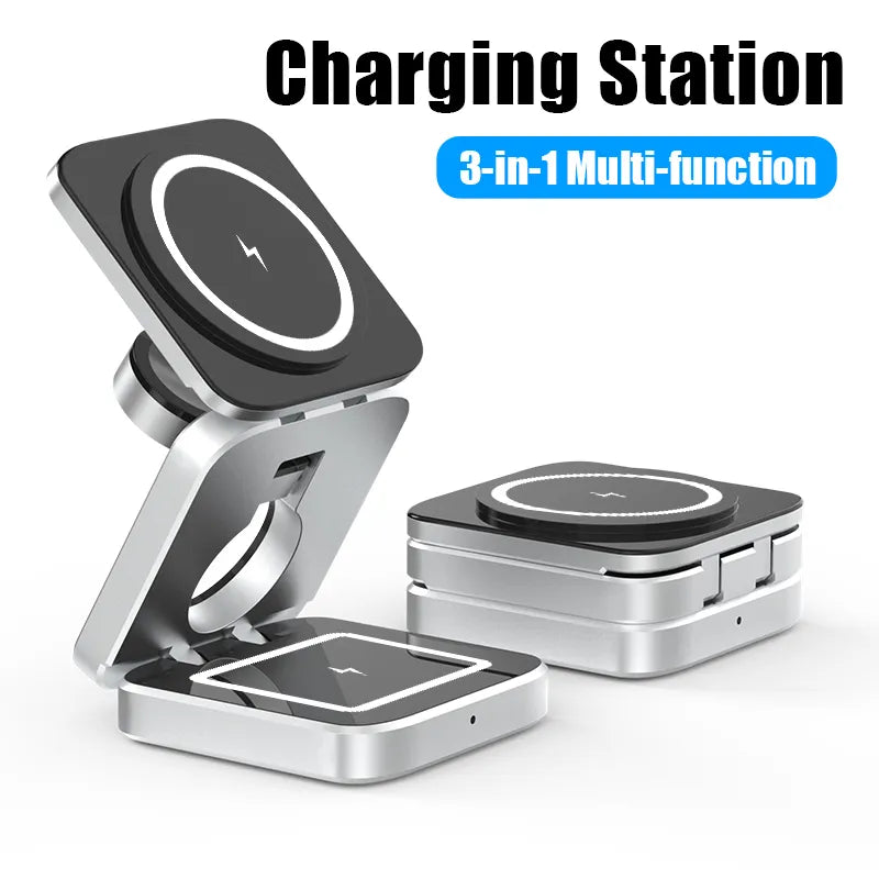 Wireless charging station by R.E.D. Shopping for phones, smartwatches, and earbuds with fast charging capability.