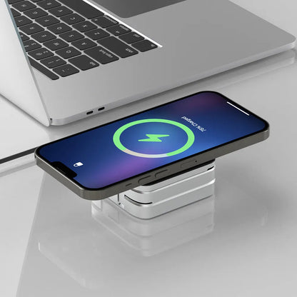 Wireless charging station by R.E.D. Shopping with space for phone, smartwatch, and earbuds, showcasing a sleek, modern design.