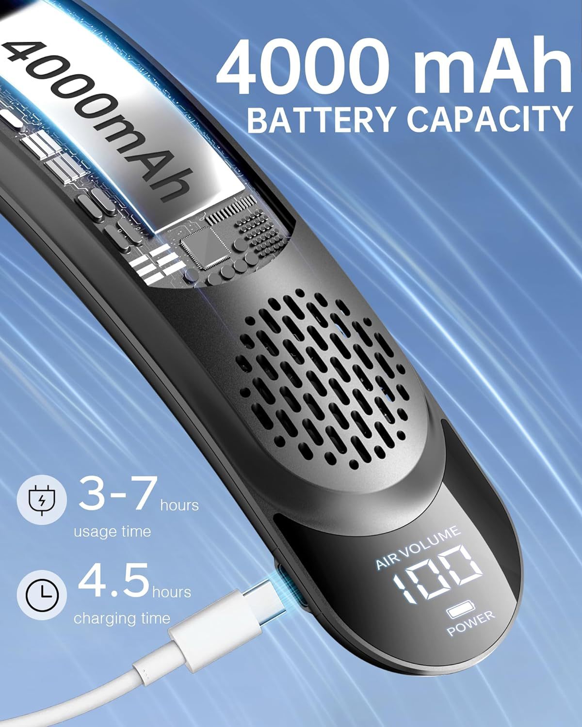 Leafless Portable Neck Fan 4000mAh — 3-Speed, Digital Display, Super Strong Wind, Fast Cooling