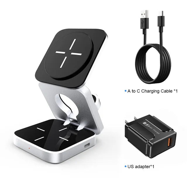 R.E.D. Shopping 3-in-1 wireless charging station for fast charging phone, smartwatch, and earbuds on a sleek surface.