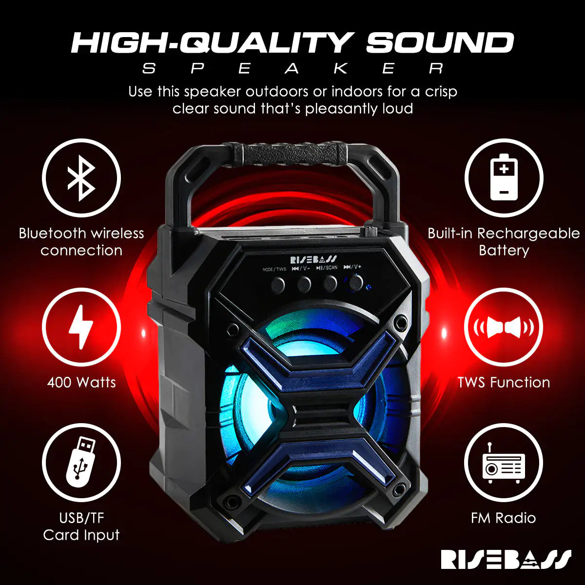Portable R.E.D. Shopping wireless Bluetooth speaker showing a compact black speaker with control buttons and a sleek design.