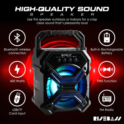 Portable R.E.D. Shopping wireless Bluetooth speaker showing a compact black speaker with control buttons and a sleek design.