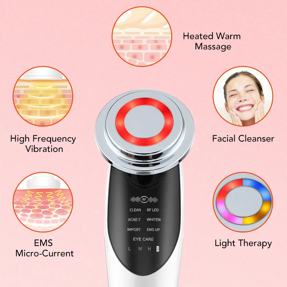 Red Shopping LED facial neck massager showing sleek black device with adjustable settings for relaxing skincare and neck massage.