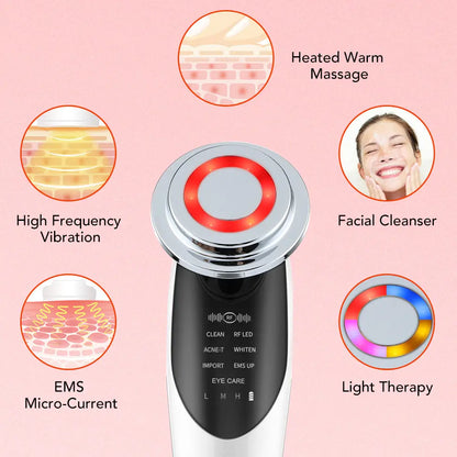 Red Shopping LED facial neck massager showing sleek black device with adjustable settings for relaxing skincare and neck massage.