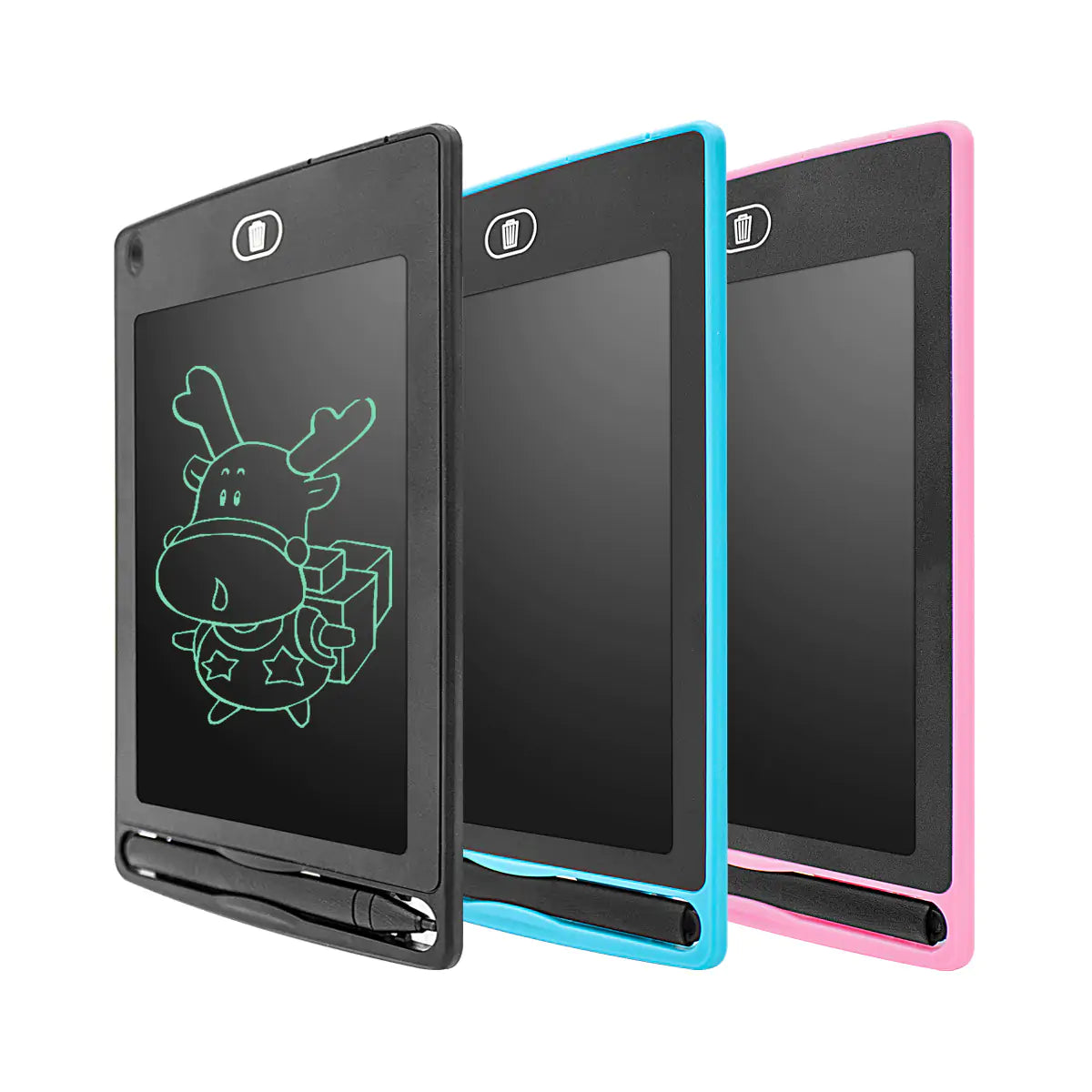 Red Shopping kids' writing tablet with colorful stylus and digital screen, designed for children's electronic learning and drawing activities.