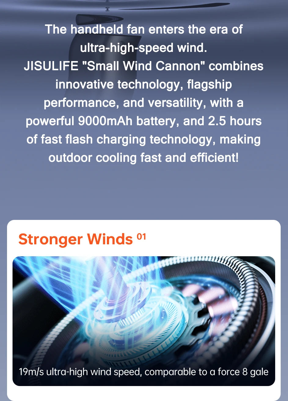 JISULIFE Portable Turbo Handheld Fan – 9000mAh, 100 Wind Speeds, LED Display, Outdoor Camping Fan (FA55)