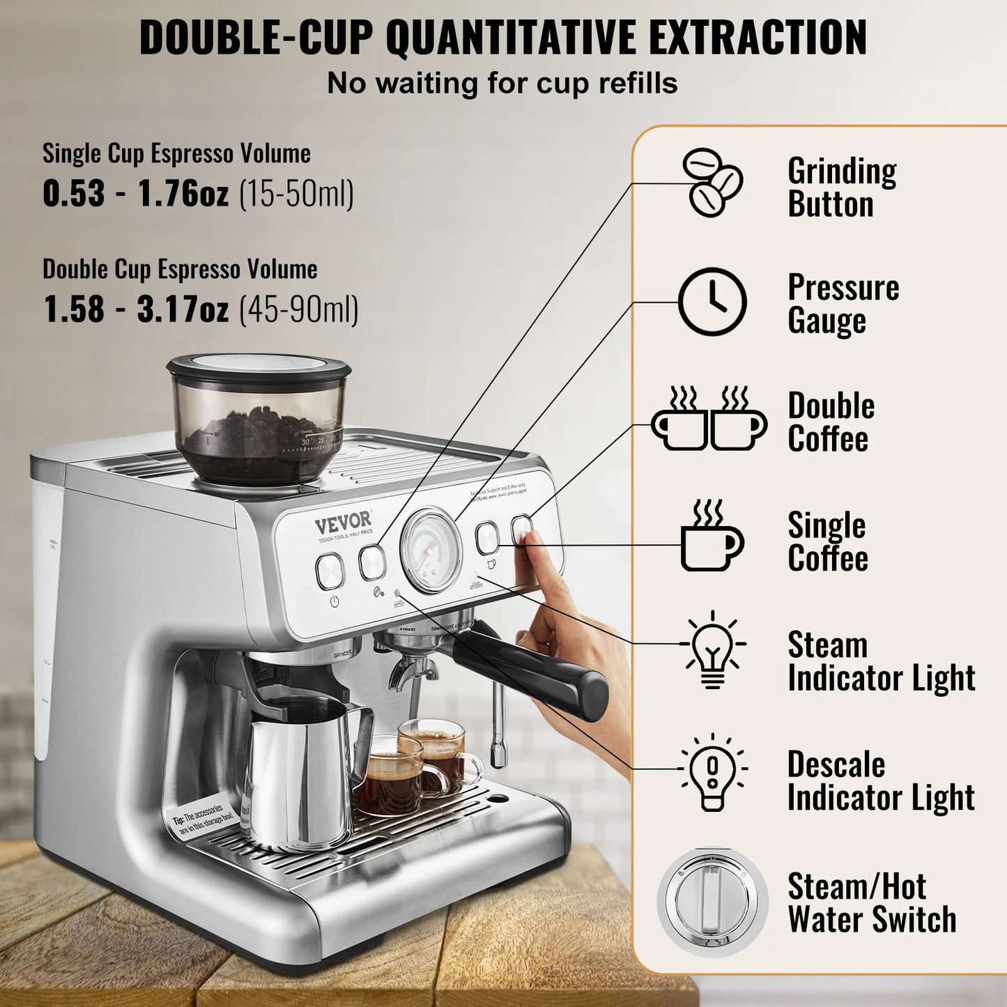 SucceBuy 15 Bar Espresso Machine with Grinder | Semi-Auto, Milk Frother Steam Wand, Home Barista