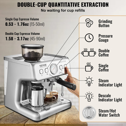 SucceBuy 15 Bar Semi-Automatic Espresso Machine | Built-in Grinder | Milk Frother Steam Wand | Home Barista