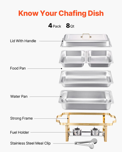 SucceBuy 8 Qt Chafing Dish Buffet Set 4-Pack – Stainless Steel, Full & Half Size Pans, Catering