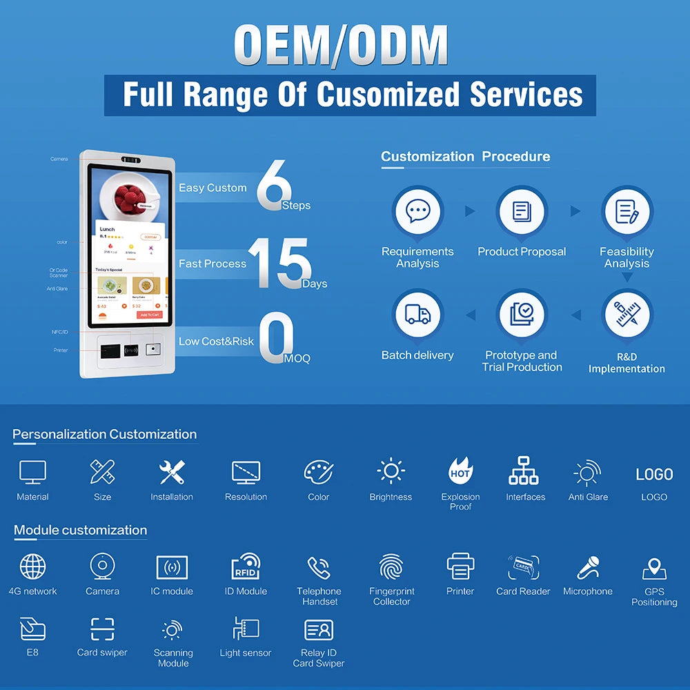 TouchWo 15.6-23.8 inch wall mount touchscreen kiosk by R.E.D. Shopping, used for self-service checkout, ordering, and payment.